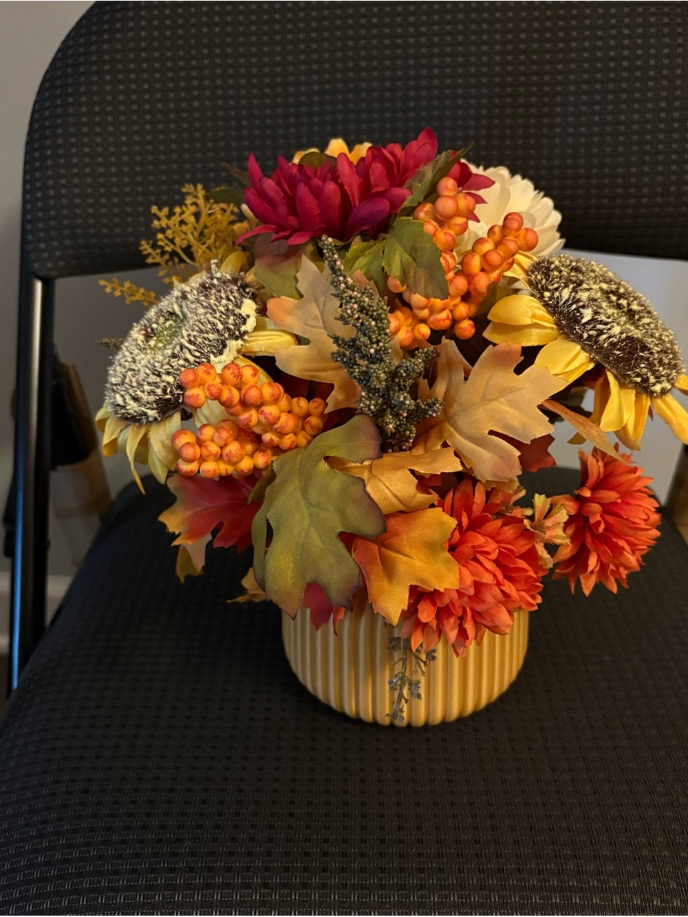 Hand Crafted Faux Fall Floral Arrangement in Orange, Yellow, Green, Red